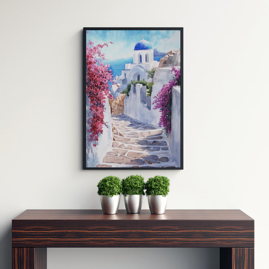 Santorini Watercolour Painting Poster Greece Wall Art Coastal Island Scene Print Gift for Europe Lovers and Fans of Scenic Greek