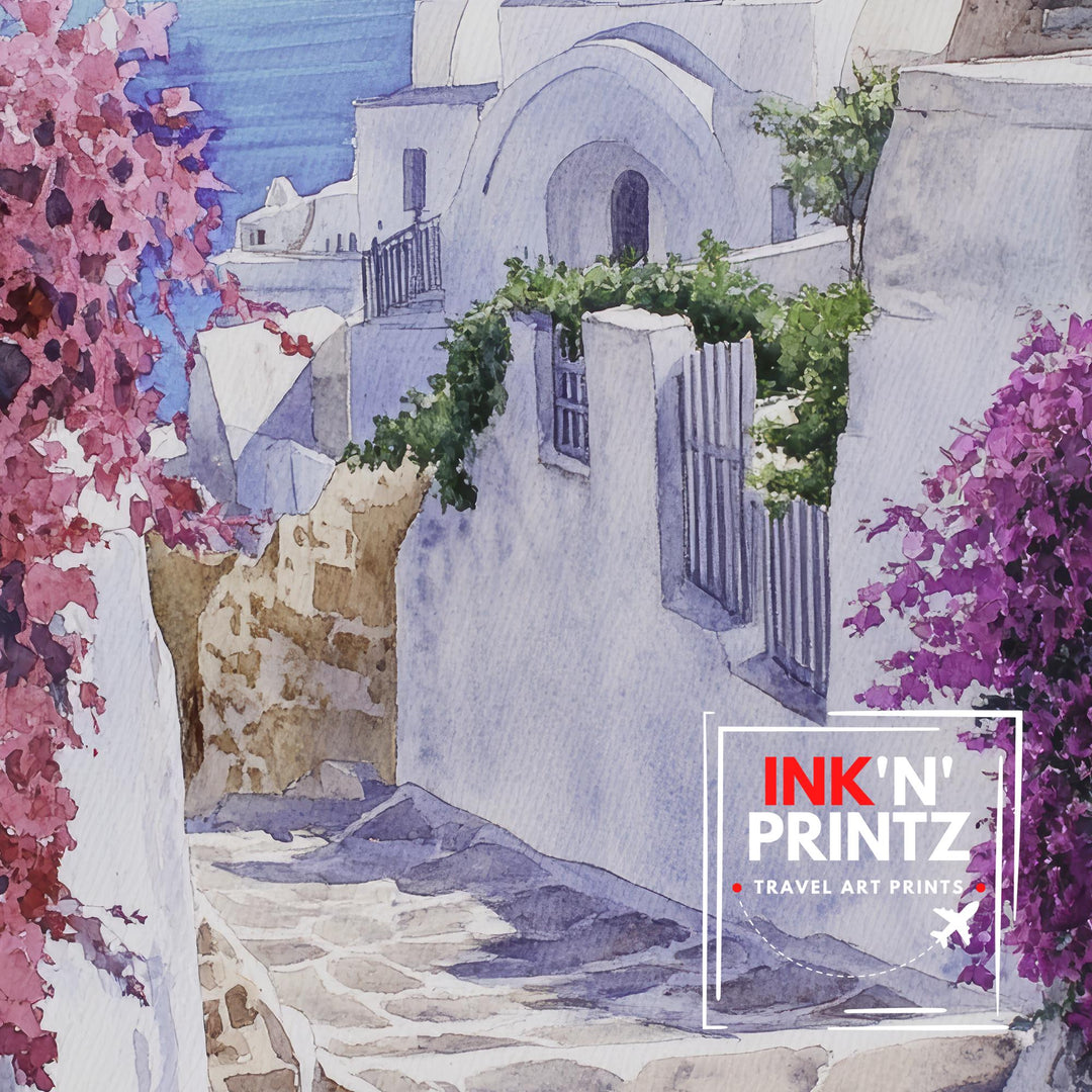 Santorini Watercolour Painting Poster Greece Wall Art Coastal Island Scene Print Gift for Europe Lovers and Fans of Scenic Greek