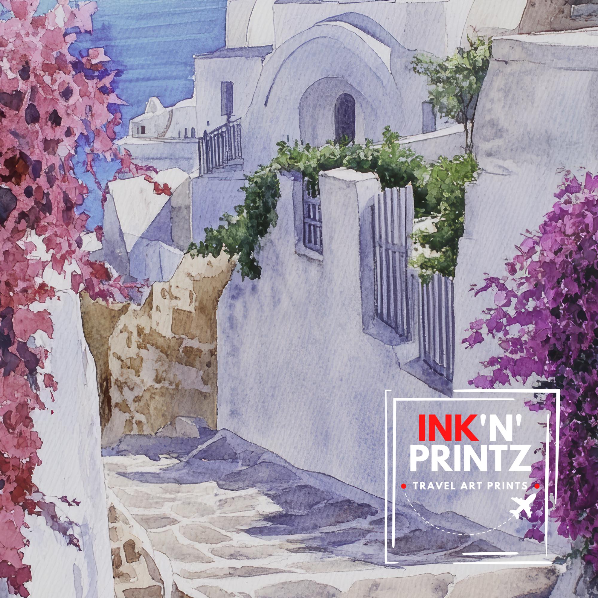 Santorini Watercolour Painting Poster Greece Wall Art Coastal Island Scene Print Gift for Europe Lovers and Fans of Scenic Greek