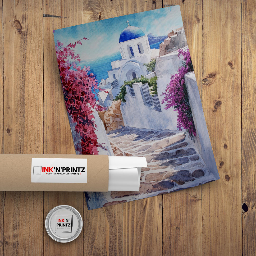 Santorini Watercolour Painting Poster Greece Wall Art Coastal Island Scene Print Gift for Europe Lovers and Fans of Scenic Greek