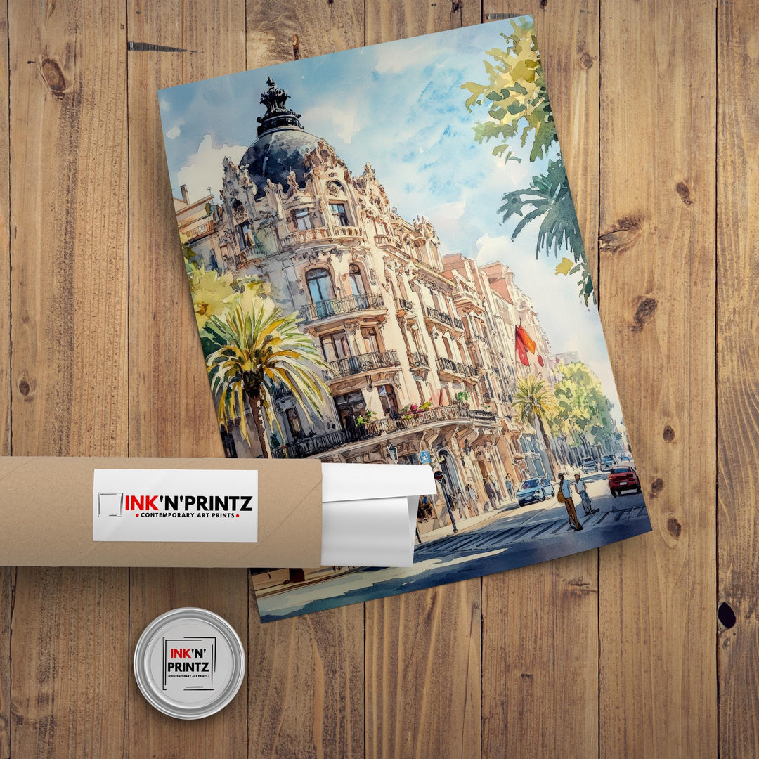 Barcelona Watercolour Painting Poster Spain Wall Art City Landscape Print Gift for Europe Lovers and Fans of Scenic Catalonia Architecture