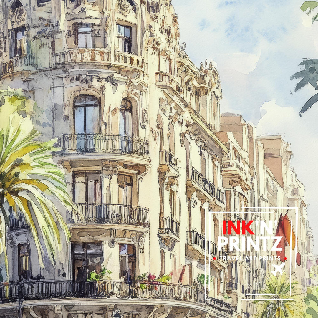 Barcelona Watercolour Painting Poster Spain Wall Art City Landscape Print Gift for Europe Lovers and Fans of Scenic Catalonia Architecture
