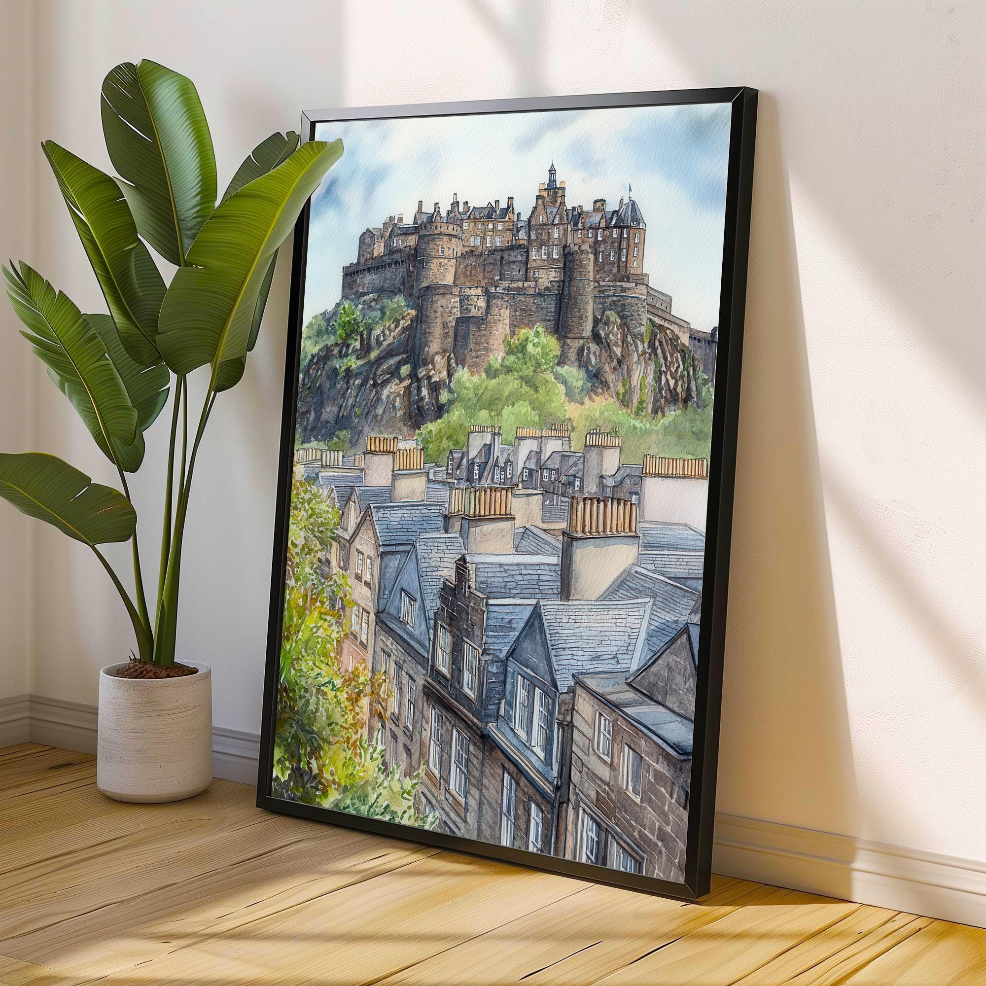 Edinburgh Watercolour Painting Poster Scotland Wall Art Historic City Landscape Print Gift for UK Travel Lovers and Fans of Scenic Scottish