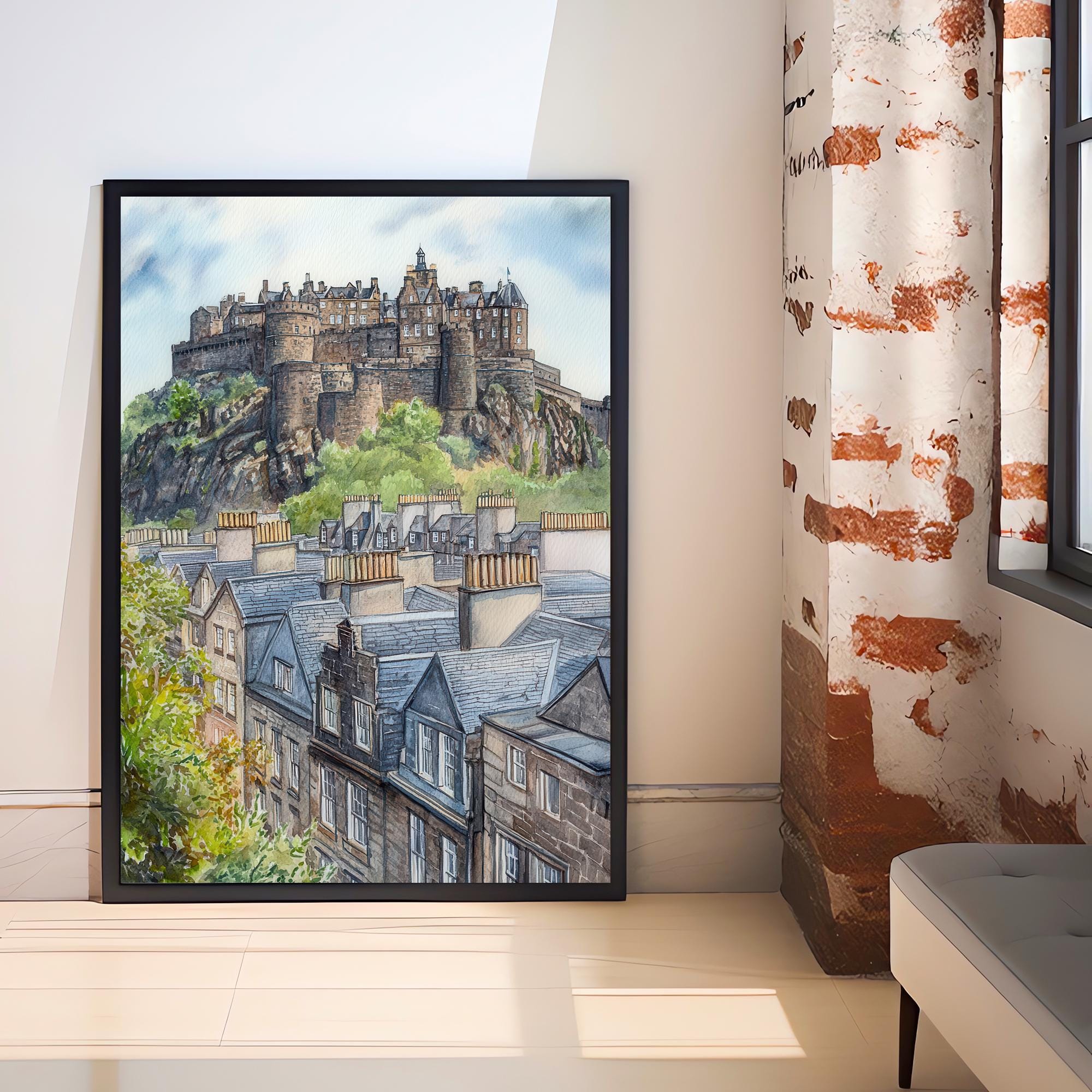 Edinburgh Watercolour Painting Poster Scotland Wall Art Historic City Landscape Print Gift for UK Travel Lovers and Fans of Scenic Scottish