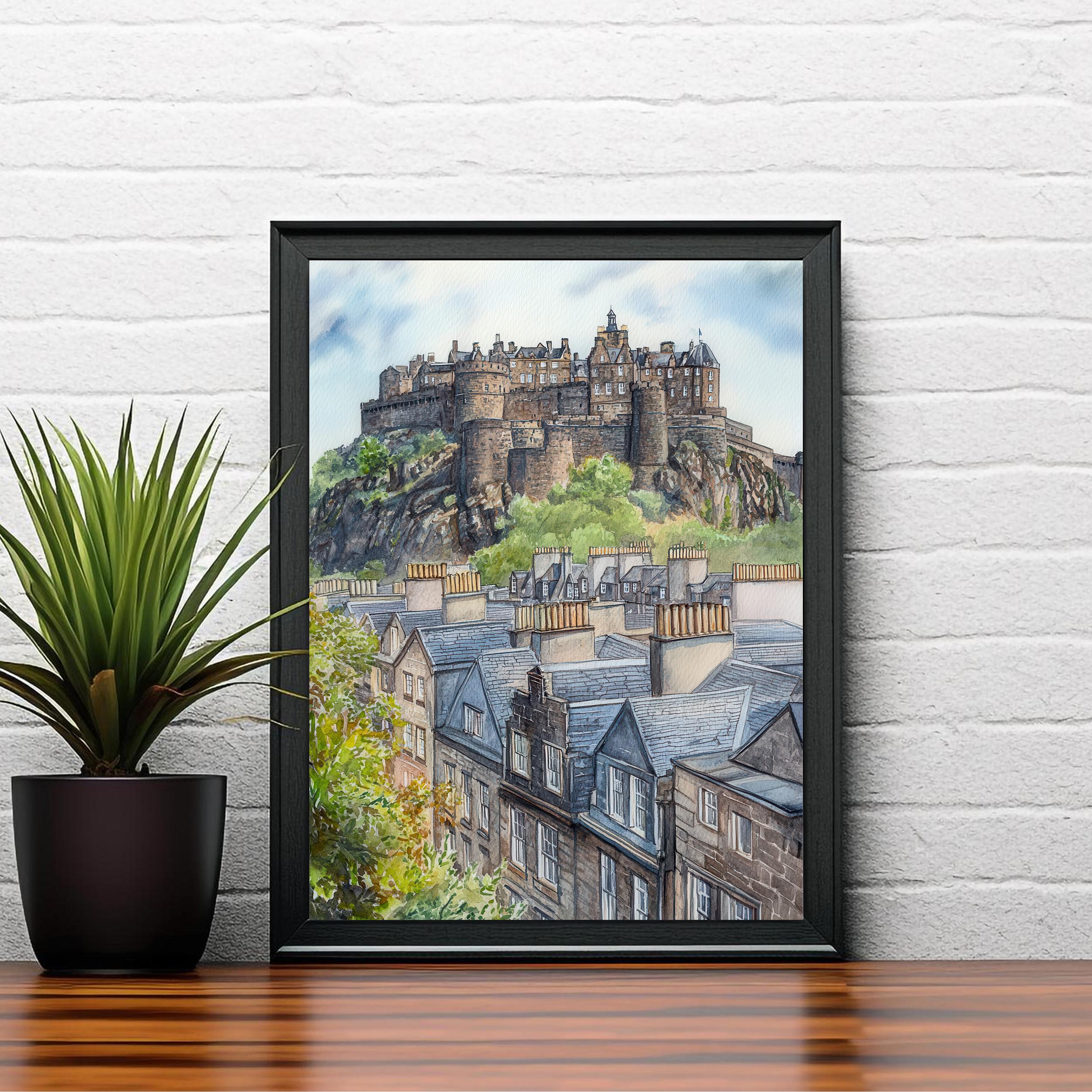 Edinburgh Watercolour Painting Poster Scotland Wall Art Historic City Landscape Print Gift for UK Travel Lovers and Fans of Scenic Scottish
