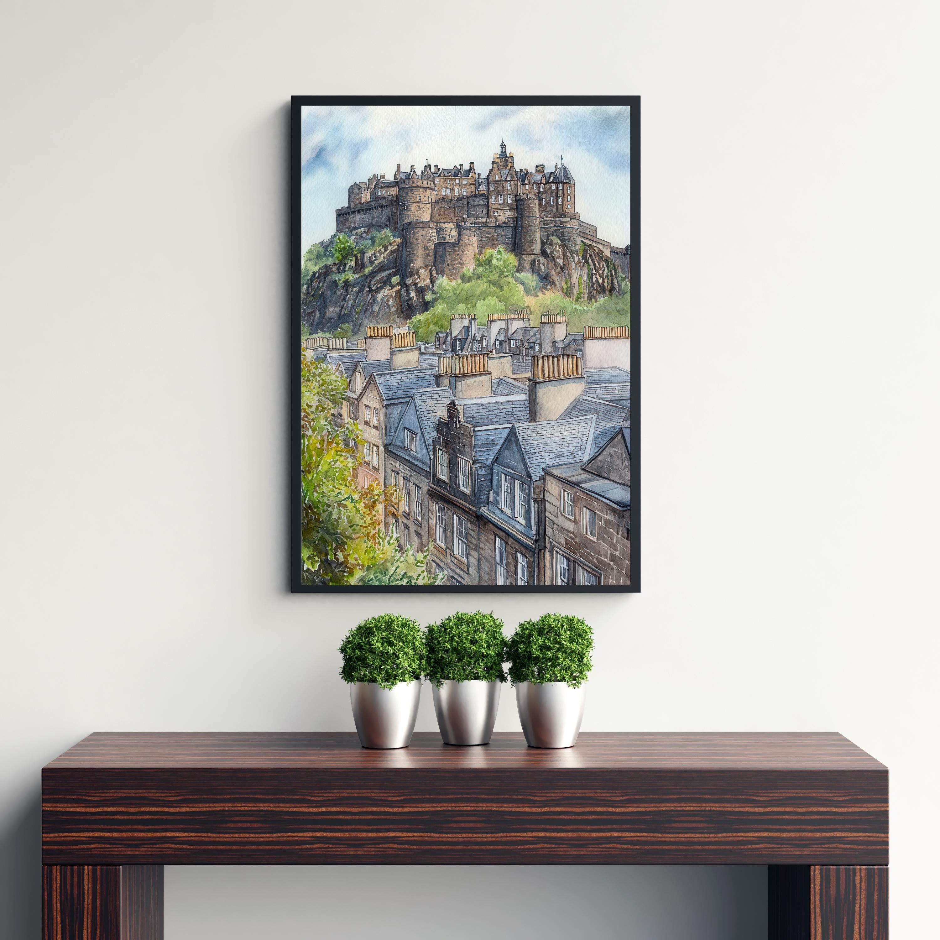 Edinburgh Watercolour Painting Poster Scotland Wall Art Historic City Landscape Print Gift for UK Travel Lovers and Fans of Scenic Scottish