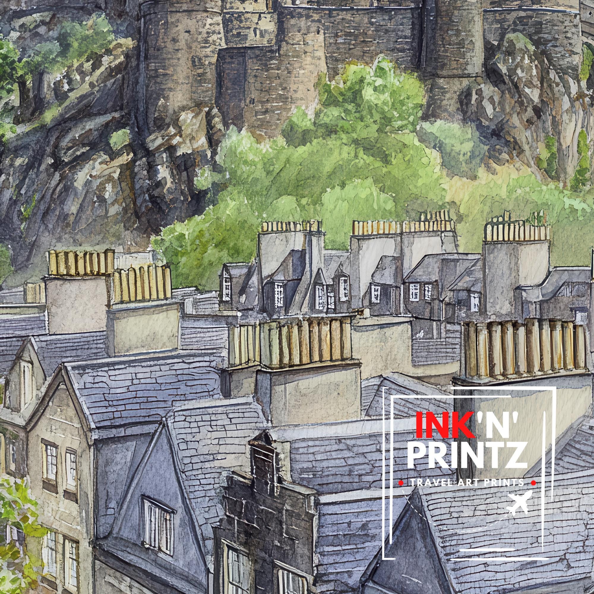 Edinburgh Watercolour Painting Poster Scotland Wall Art Historic City Landscape Print Gift for UK Travel Lovers and Fans of Scenic Scottish