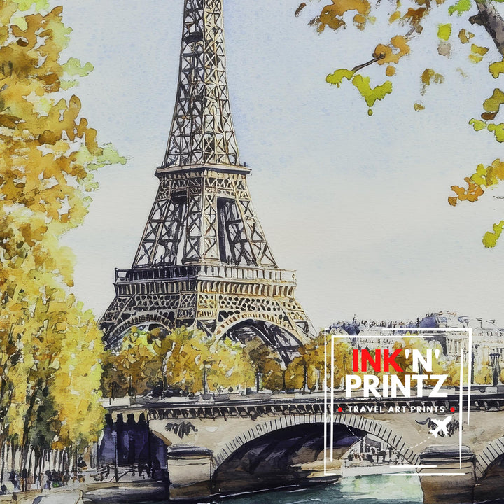 Paris Watercolour Painting Poster France Wall Art City Landscape Print Gift for Europe Lovers and Fans of Scenic French Architecture