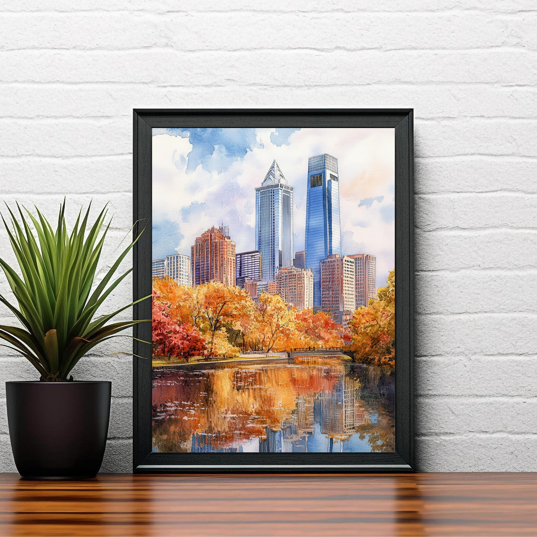Philadelphia Watercolour Painting Poster USA Wall Art City Skyline Landscape Print Gift for American Travel Lovers and Fans of Scenic