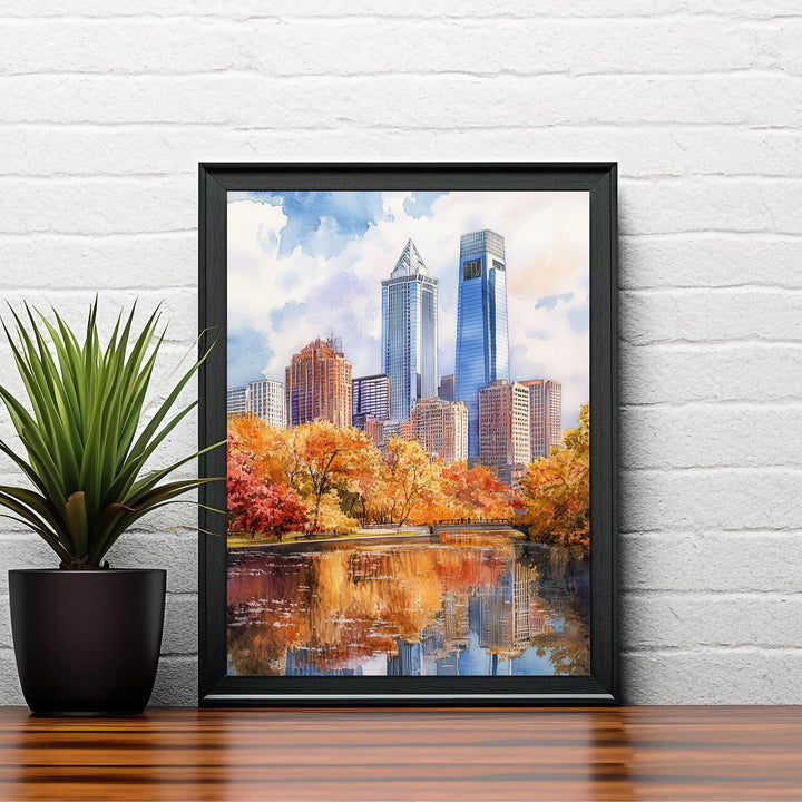 Philadelphia Watercolour Painting Poster USA Wall Art City Skyline Landscape Print Gift for American Travel Lovers and Fans of Scenic