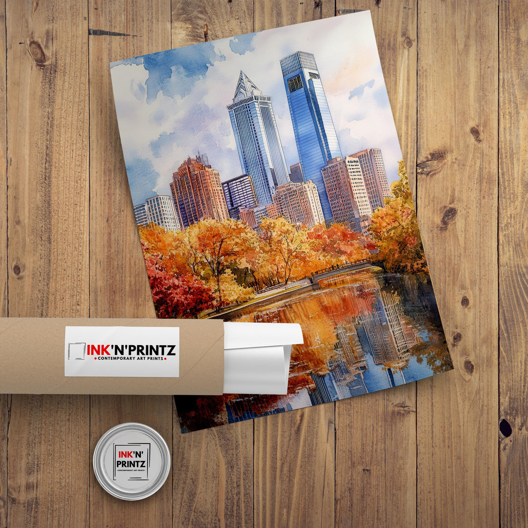 Philadelphia Watercolour Painting Poster USA Wall Art City Skyline Landscape Print Gift for American Travel Lovers and Fans of Scenic