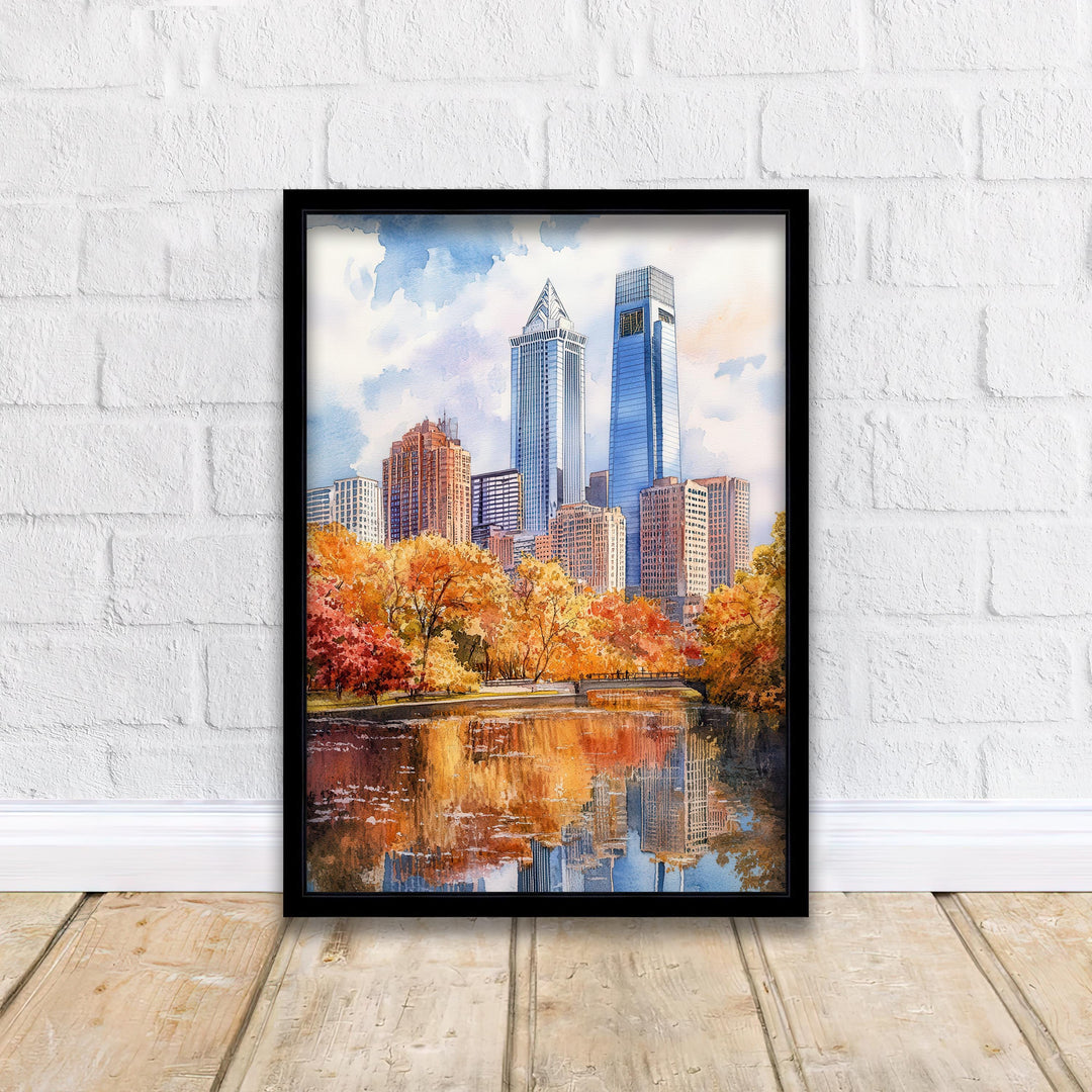 Philadelphia Watercolour Painting Poster USA Wall Art City Skyline Landscape Print Gift for American Travel Lovers and Fans of Scenic