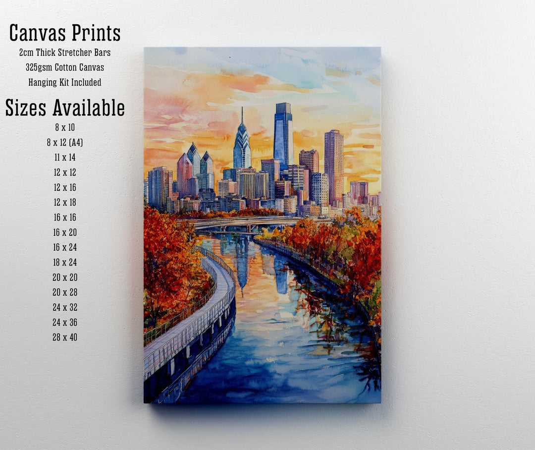 Philadelphia Watercolour Painting Poster USA Wall Art City Skyline Landscape Print Gift for American Travel Lovers and Fans of Scenic