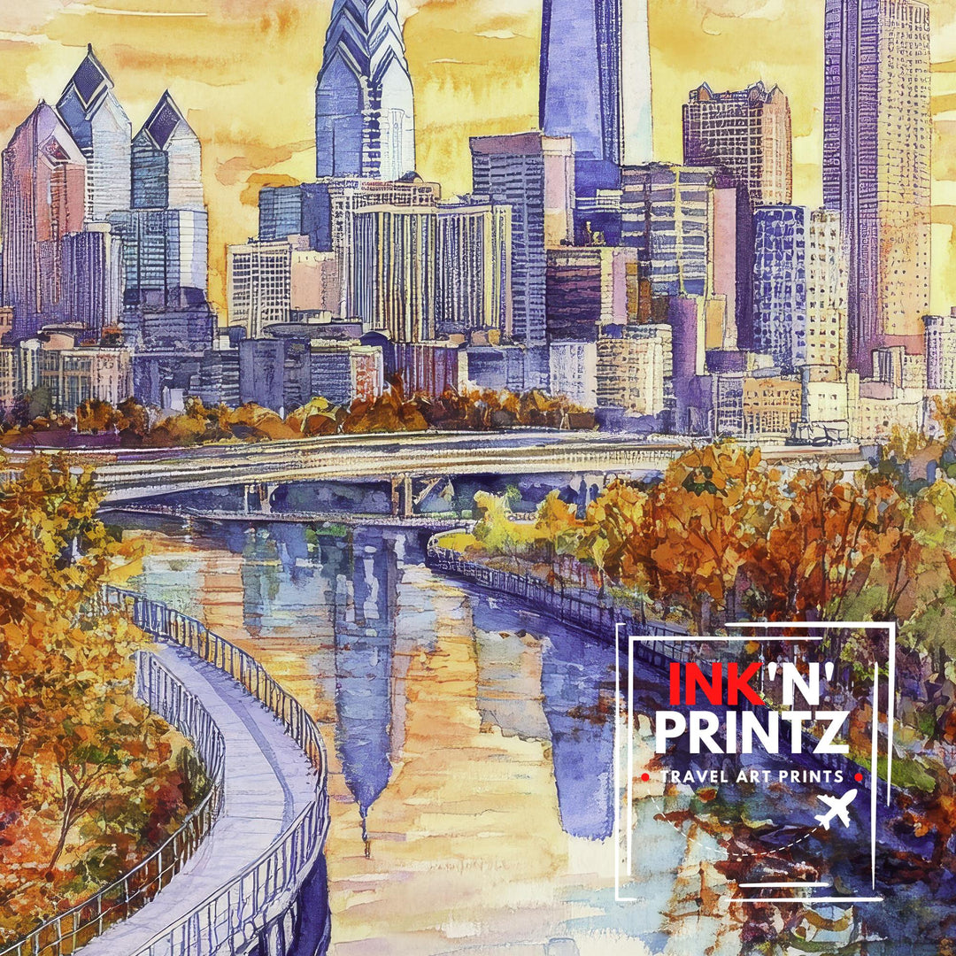 Philadelphia Watercolour Painting Poster USA Wall Art City Skyline Landscape Print Gift for American Travel Lovers and Fans of Scenic