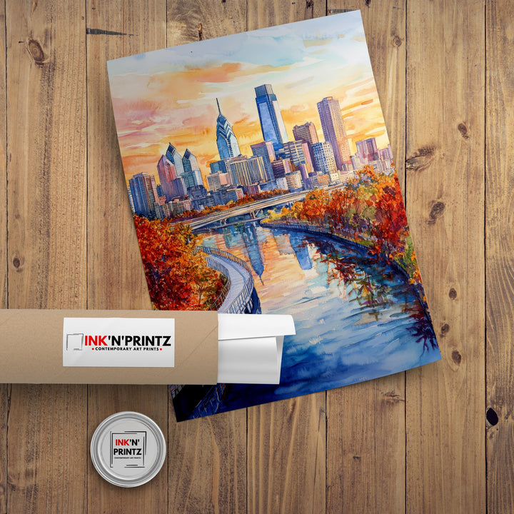 Philadelphia Watercolour Painting Poster USA Wall Art City Skyline Landscape Print Gift for American Travel Lovers and Fans of Scenic