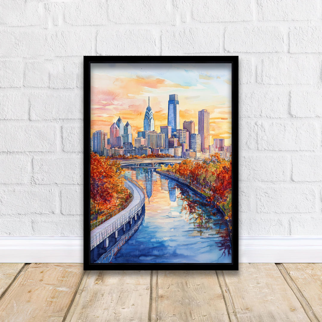 Philadelphia Watercolour Painting Poster USA Wall Art City Skyline Landscape Print Gift for American Travel Lovers and Fans of Scenic