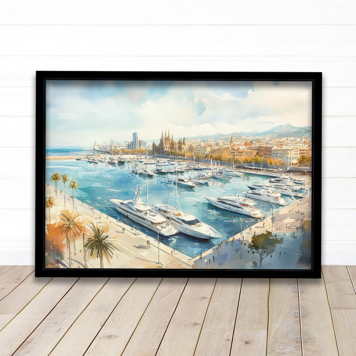 Barcelona Watercolour Painting Poster Spain Wall Art City Landscape Print Gift for Europe Lovers and Fans of Scenic Catalonia Architecture