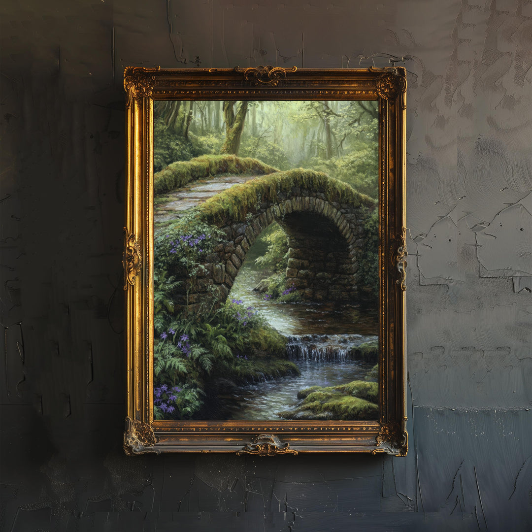 Moss Covered Bridge Poster Cottagecore Decor Dark Academia Art Vintage Woodland Illustration Rustic Nature Wall Art Poster Print