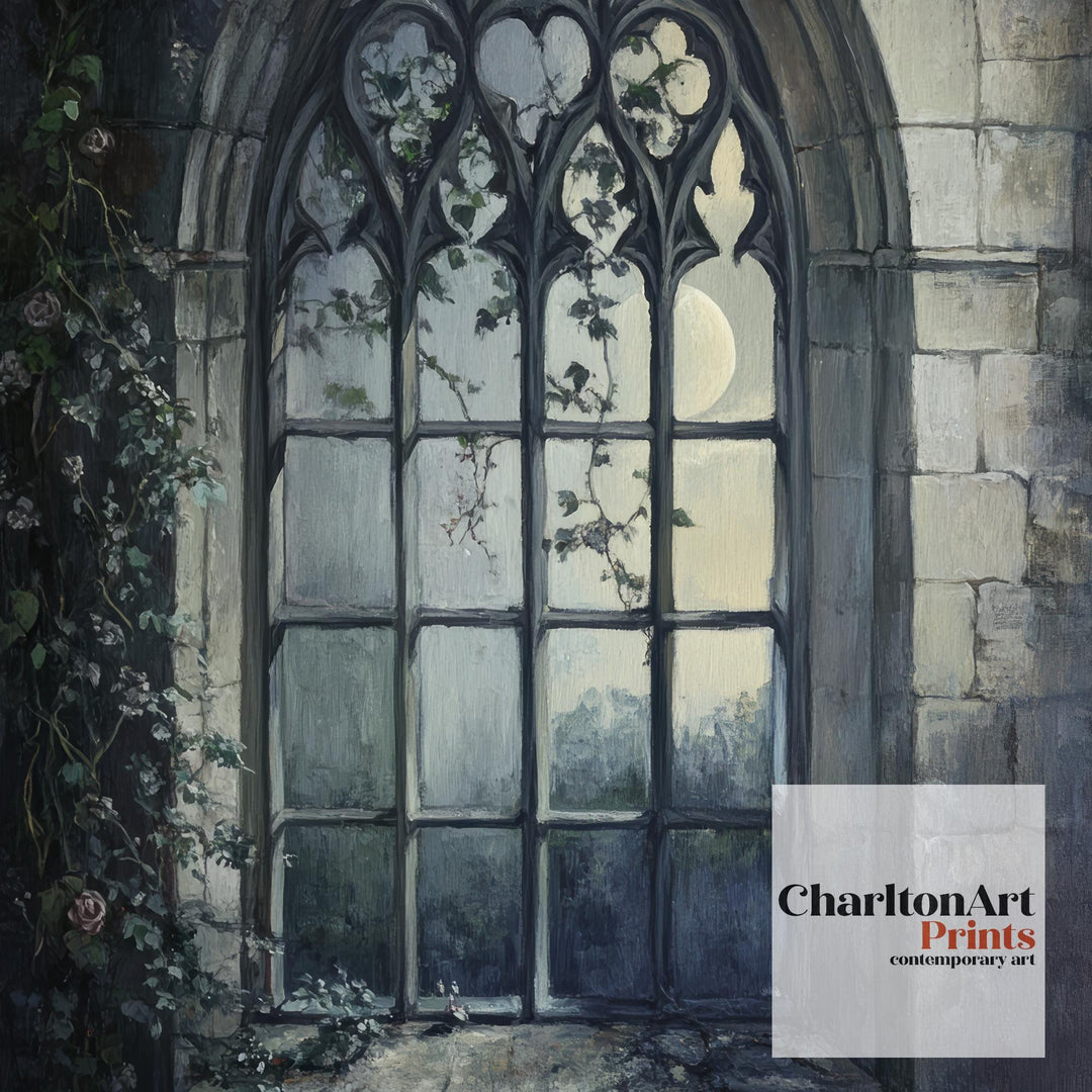 Gothic Window at Moonlight Poster Dark Academia Art Cottagecore Decor Vintage Architectural Illustration Rustic Nocturnal Wall Art