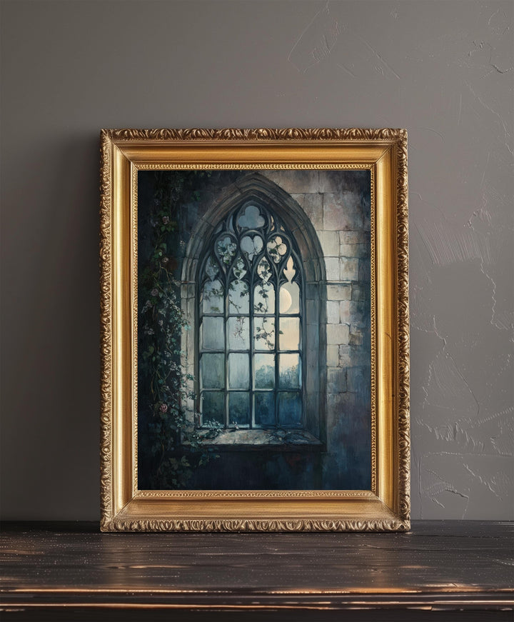 Gothic Window at Moonlight Poster Dark Academia Art Cottagecore Decor Vintage Architectural Illustration Rustic Nocturnal Wall Art