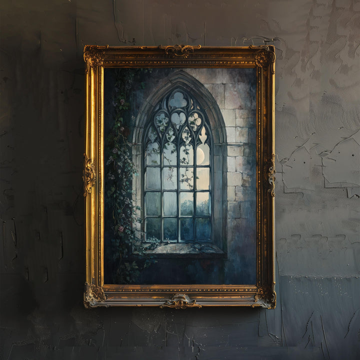 Gothic Window at Moonlight Poster Dark Academia Art Cottagecore Decor Vintage Architectural Illustration Rustic Nocturnal Wall Art