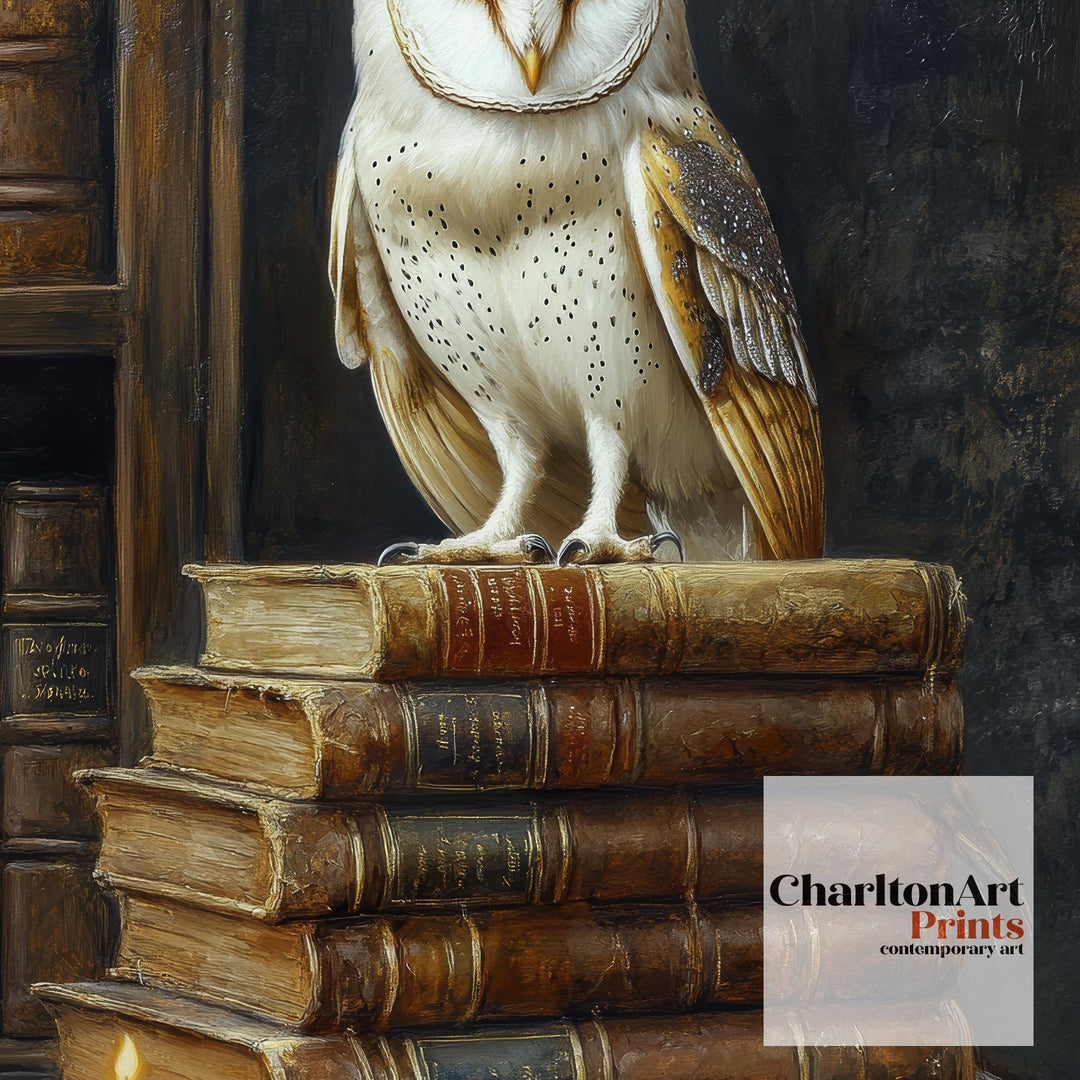 Owl Perched on Books Poster Dark Academia Art Cottagecore Decor Vintage Still Life Illustration Rustic Study Wall Art Poster Print