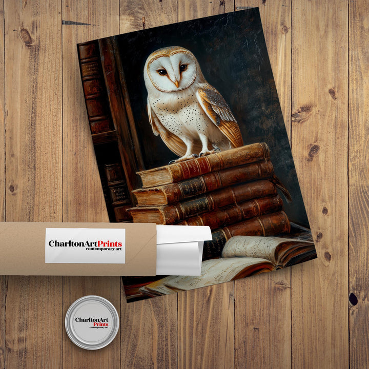 Owl Perched on Books Poster Dark Academia Art Cottagecore Decor Vintage Still Life Illustration Rustic Study Wall Art Poster Print