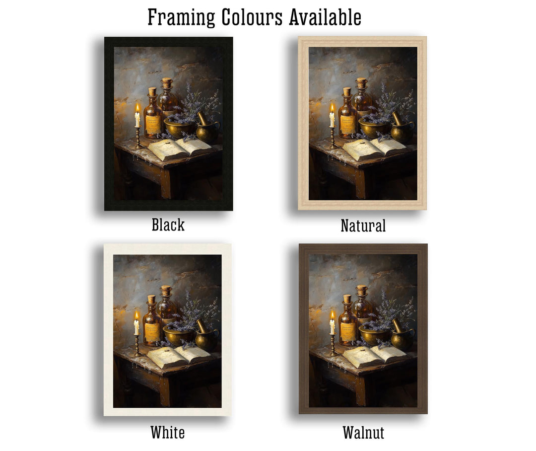 Wooden Apothecary Table Art Dark Academia Cottagecore Decor Vintage Still Life Illustration Rustic Study Wall Art Print