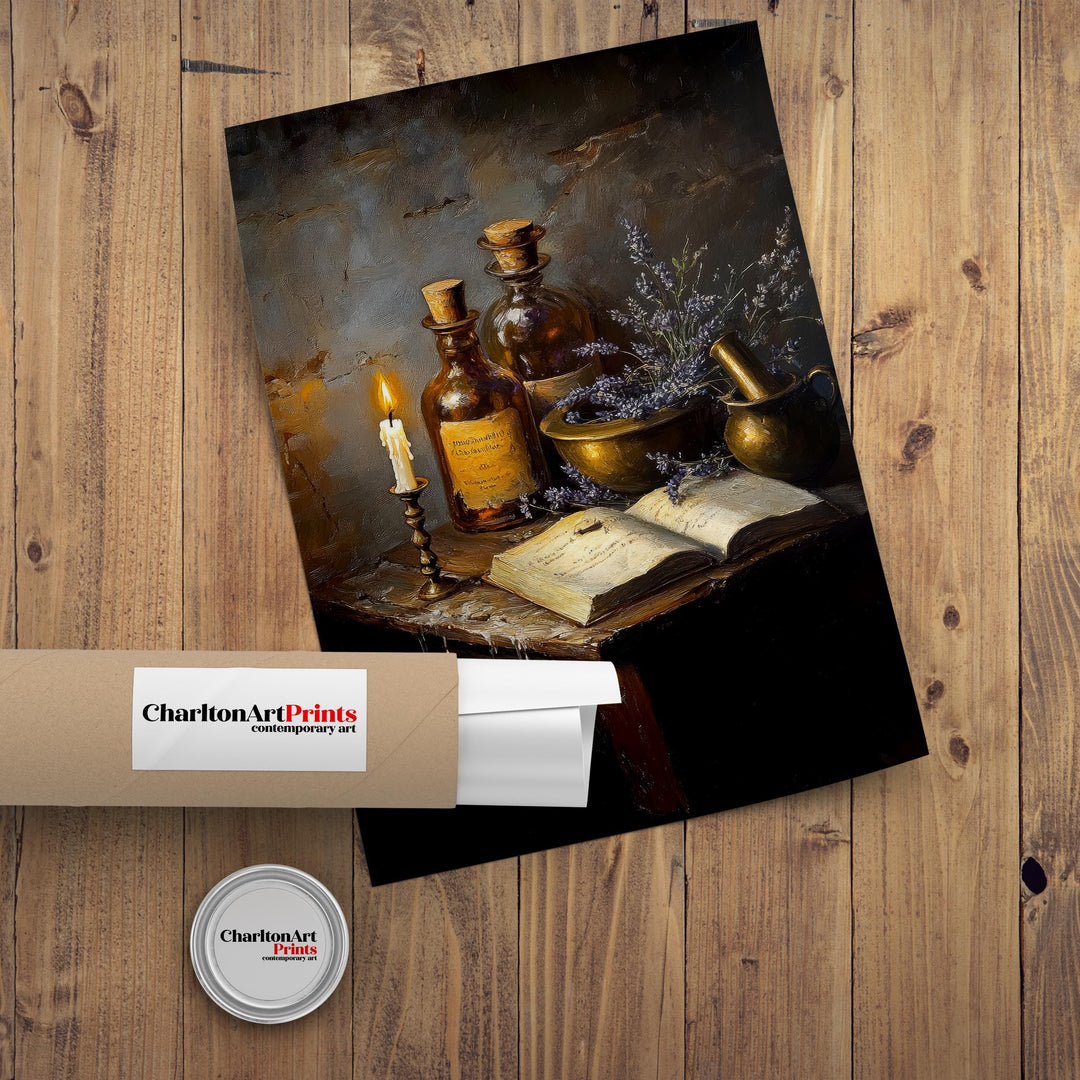 Wooden Apothecary Table Art Dark Academia Cottagecore Decor Vintage Still Life Illustration Rustic Study Wall Art Print