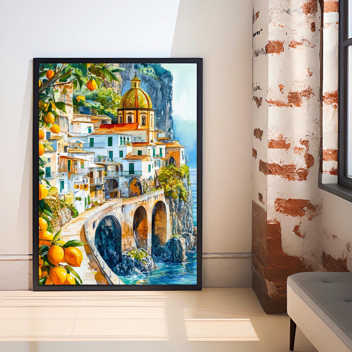 Amalfi Coast Watercolour Painting Poster Italy Wall Art Coastal Landscape Print Gift for Europe Lovers and Fans of Scenic Italian