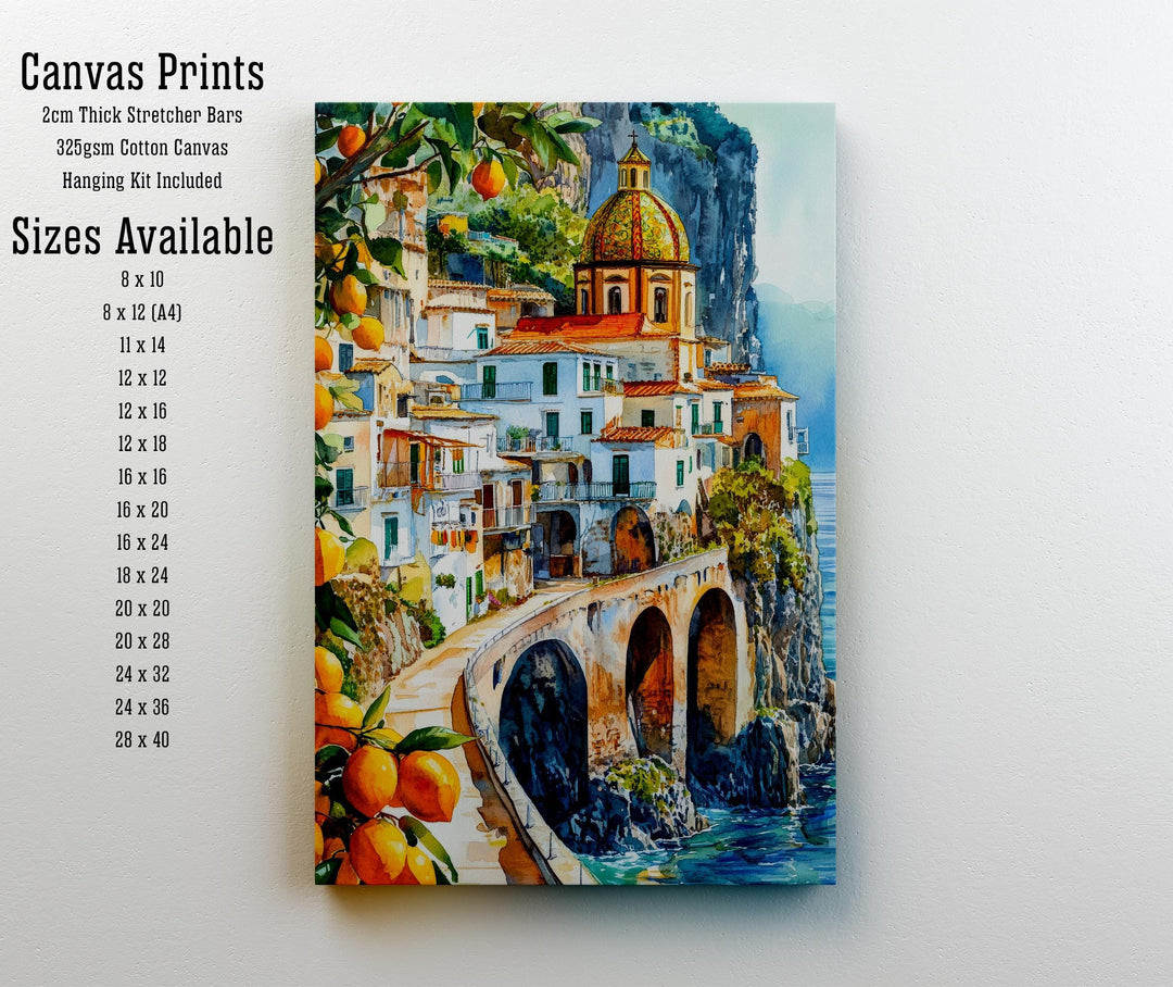 Amalfi Coast Watercolour Painting Poster Italy Wall Art Coastal Landscape Print Gift for Europe Lovers and Fans of Scenic Italian