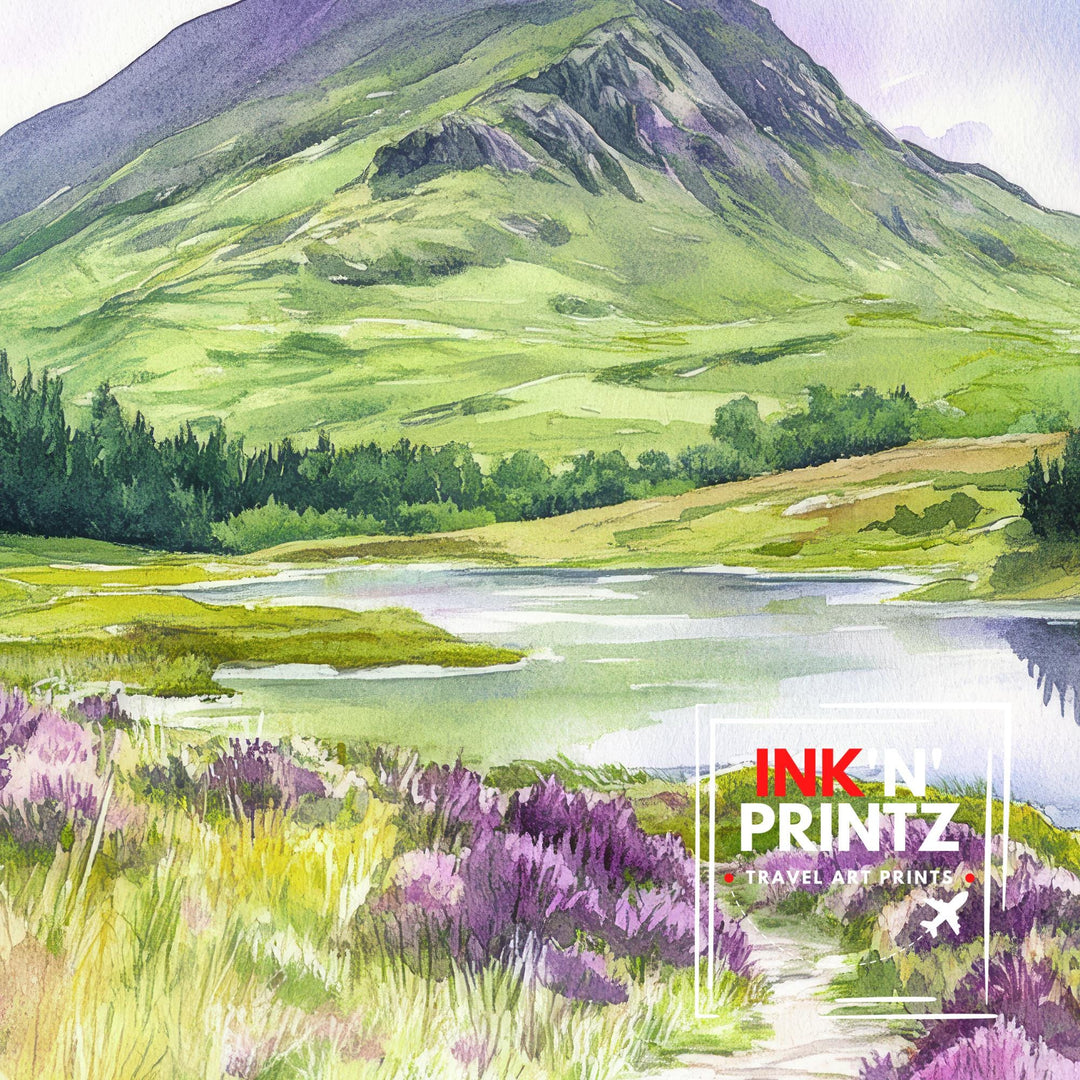 Ben Ledi Watercolour Painting Poster Scotland Wall Art Mountain Landscape Print Gift for UK Nature Lovers and Fans of Scenic Scottish