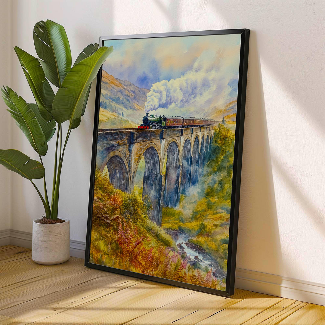 Glenfinnan Viaduct Watercolor Painting Poster Scotland Wall Art Landscape Print Gift for UK Travel Lovers and Fans of Scenic Scottish
