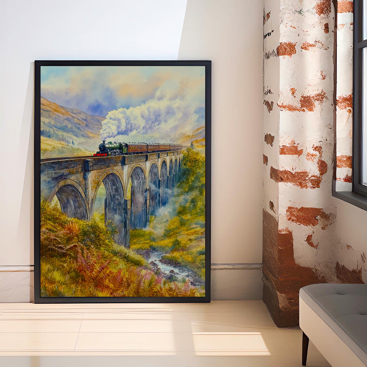 Glenfinnan Viaduct Watercolor Painting Poster Scotland Wall Art Landscape Print Gift for UK Travel Lovers and Fans of Scenic Scottish