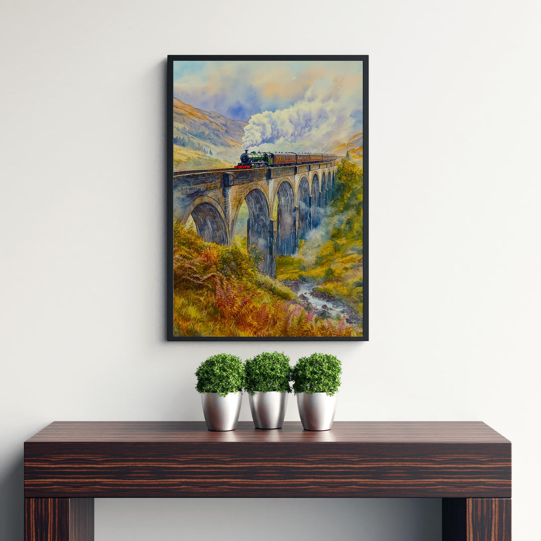 Glenfinnan Viaduct Watercolor Painting Poster Scotland Wall Art Landscape Print Gift for UK Travel Lovers and Fans of Scenic Scottish