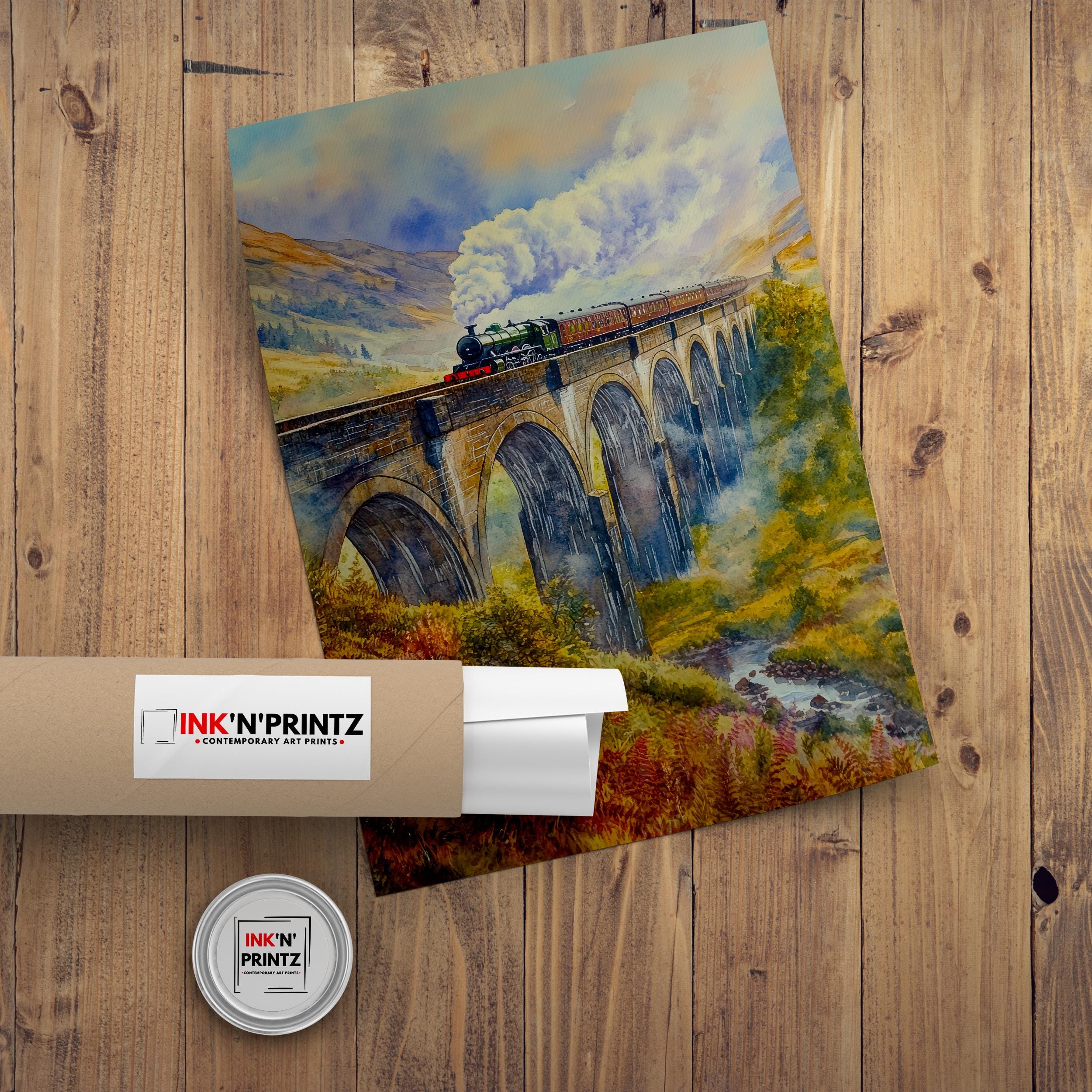 Glenfinnan Viaduct Watercolor Painting Poster Scotland Wall Art Landscape Print Gift for UK Travel Lovers and Fans of Scenic Scottish