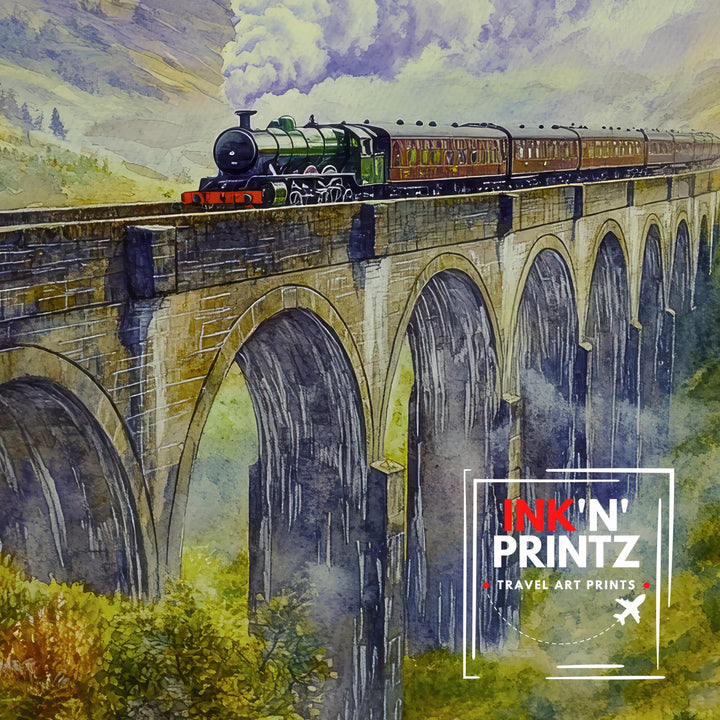 Glenfinnan Viaduct Watercolor Painting Poster Scotland Wall Art Landscape Print Gift for UK Travel Lovers and Fans of Scenic Scottish