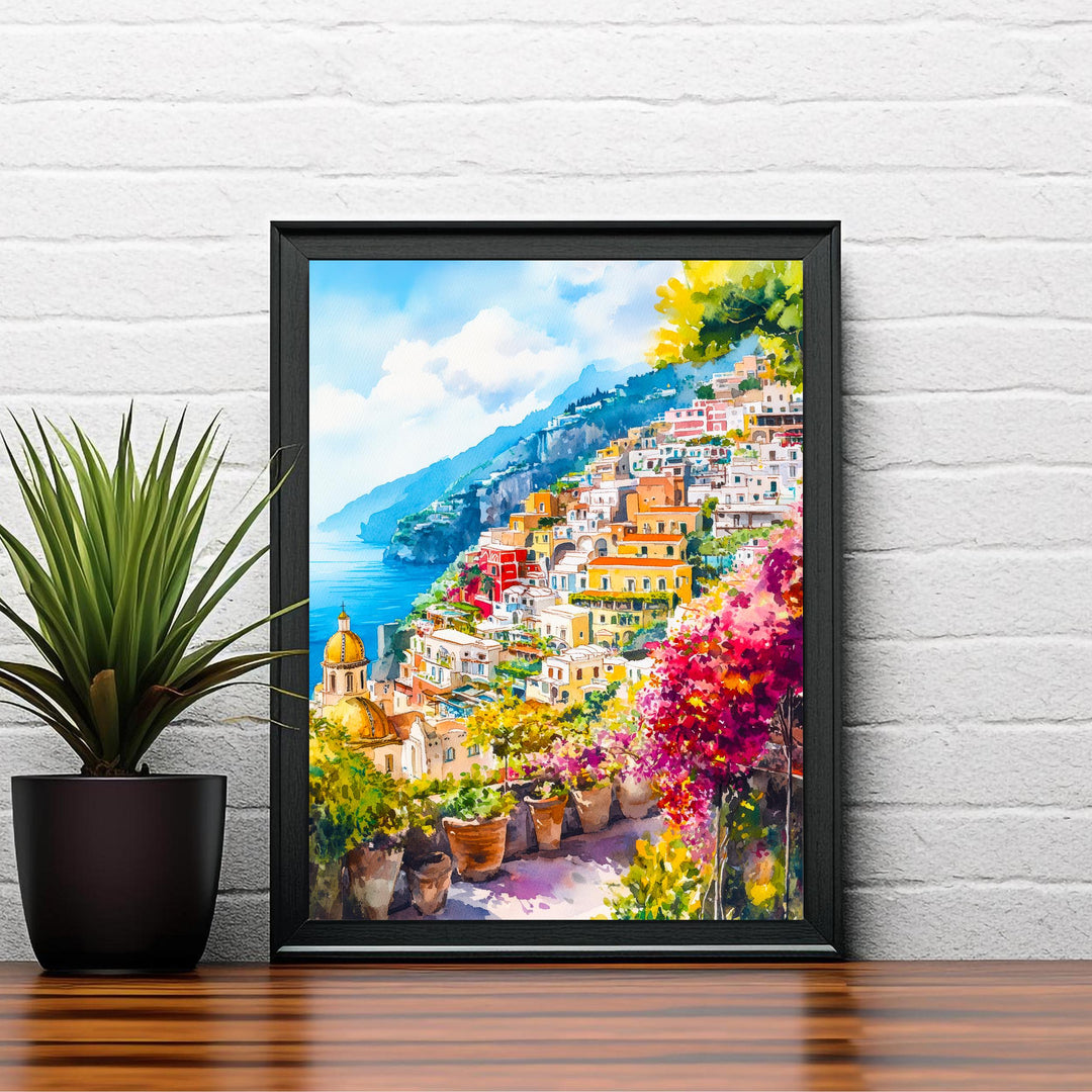 Positano Watercolour Painting Poster Amalfi Coast Italy Wall Art Coastal Village Print Gift for Europe Lovers and Fans of Scenic Italian