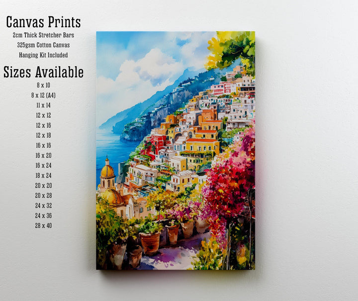Positano Watercolour Painting Poster Amalfi Coast Italy Wall Art Coastal Village Print Gift for Europe Lovers and Fans of Scenic Italian