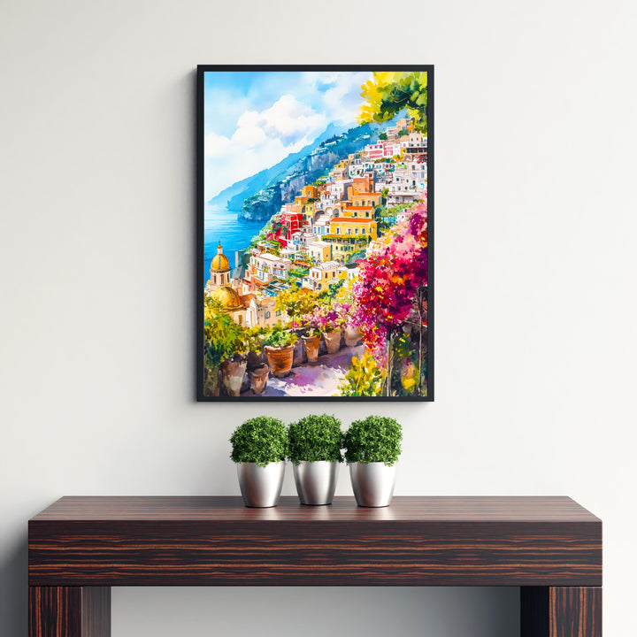 Positano Watercolour Painting Poster Amalfi Coast Italy Wall Art Coastal Village Print Gift for Europe Lovers and Fans of Scenic Italian