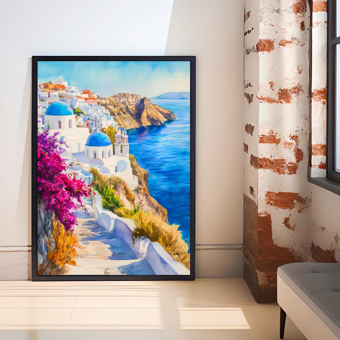 Santorini Watercolour Painting Poster Greece Wall Art Coastal Island Scene Print Gift for Europe Lovers and Fans of Scenic Greek