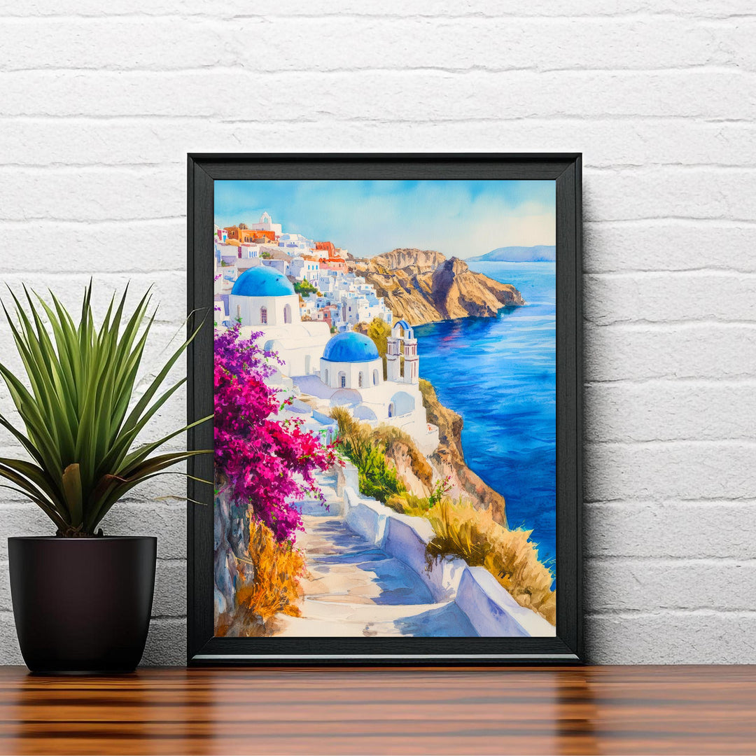 Santorini Watercolour Painting Poster Greece Wall Art Coastal Island Scene Print Gift for Europe Lovers and Fans of Scenic Greek
