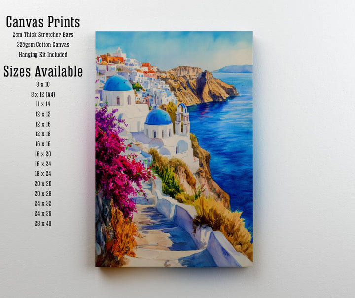 Santorini Watercolour Painting Poster Greece Wall Art Coastal Island Scene Print Gift for Europe Lovers and Fans of Scenic Greek