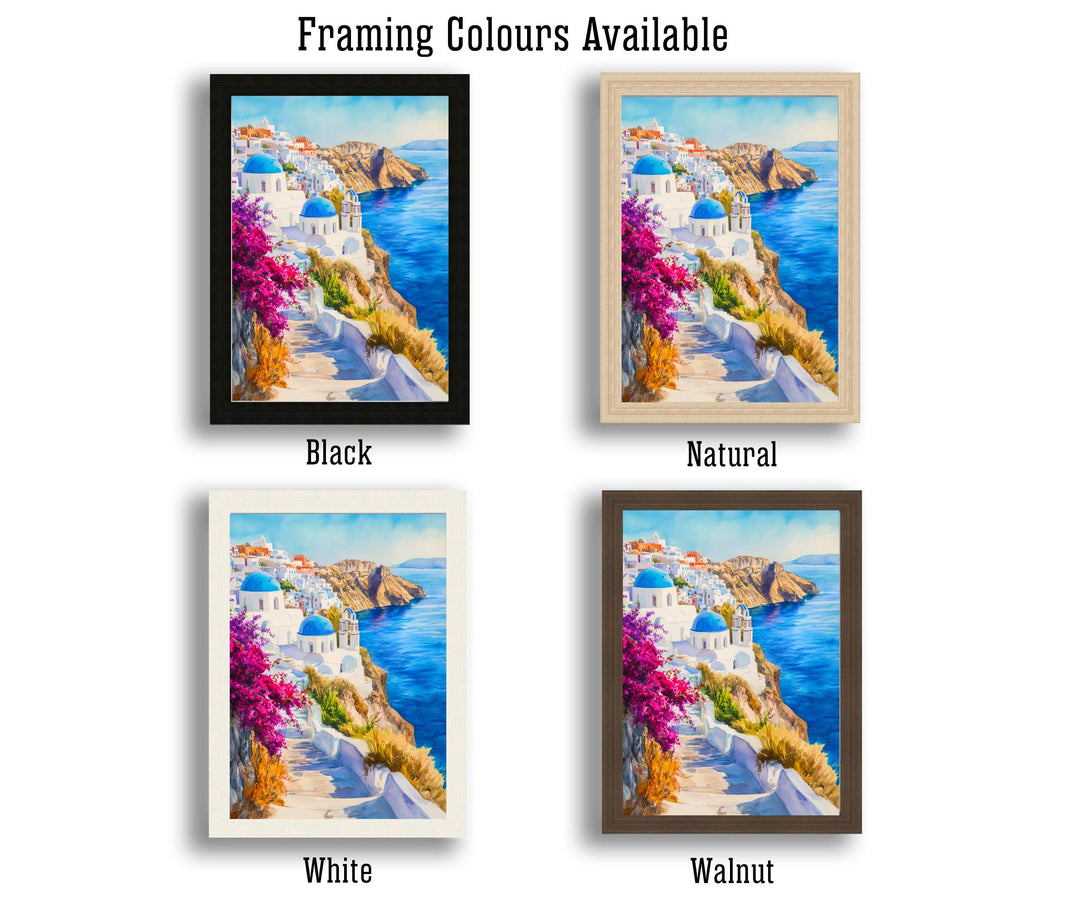 Santorini Watercolour Painting Poster Greece Wall Art Coastal Island Scene Print Gift for Europe Lovers and Fans of Scenic Greek