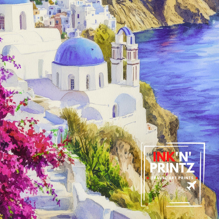 Santorini Watercolour Painting Poster Greece Wall Art Coastal Island Scene Print Gift for Europe Lovers and Fans of Scenic Greek