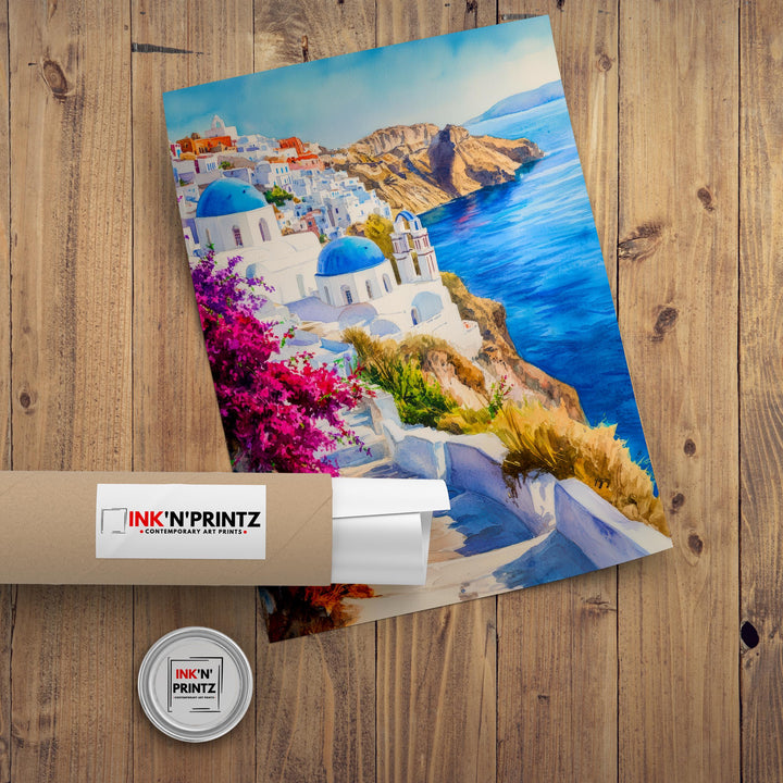 Santorini Watercolour Painting Poster Greece Wall Art Coastal Island Scene Print Gift for Europe Lovers and Fans of Scenic Greek