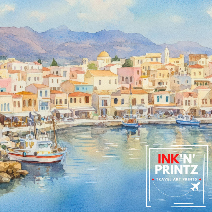 Agios Watercolour Painting Poster Crete Greece Wall Art Coastal Village Scene Print Gift for Europe Lovers and Fans of Scenic Greek Island