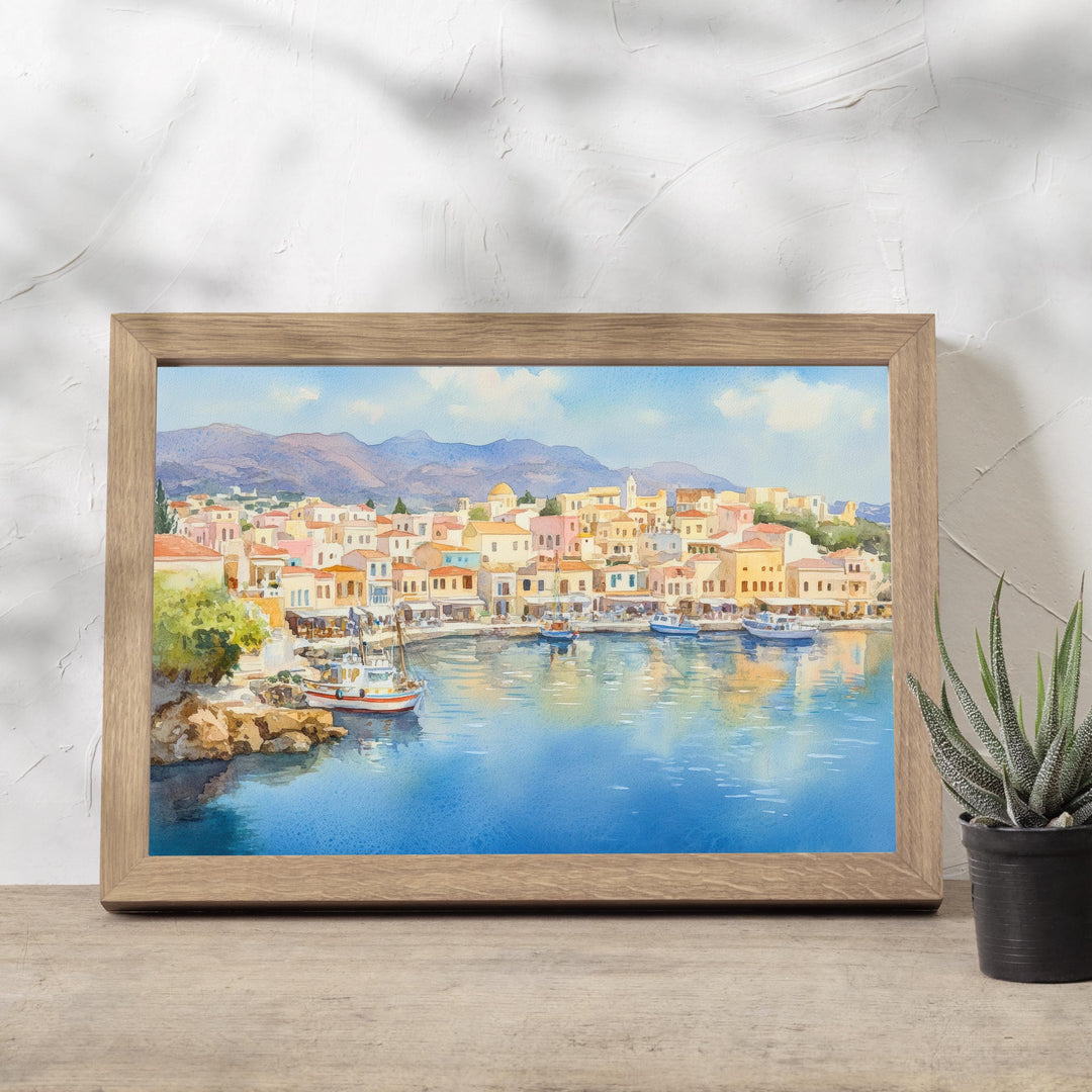 Agios Watercolour Painting Poster Crete Greece Wall Art Coastal Village Scene Print Gift for Europe Lovers and Fans of Scenic Greek Island