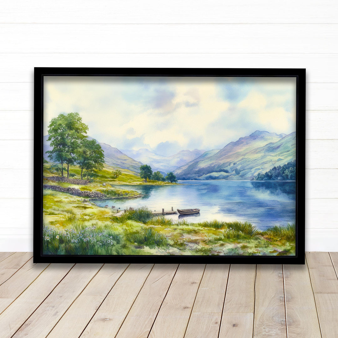 Lake District Watercolor Painting Poster England Wall Art Countryside Landscape Print Gift for UK Travel Lovers and Fans of Scenic British