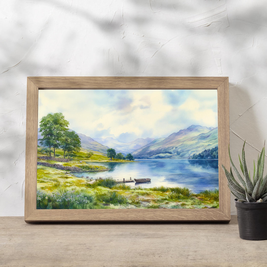 Lake District Watercolor Painting Poster England Wall Art Countryside Landscape Print Gift for UK Travel Lovers and Fans of Scenic British